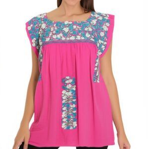J. Marie Pink Embroidered Linen Hannah Top Size Medium